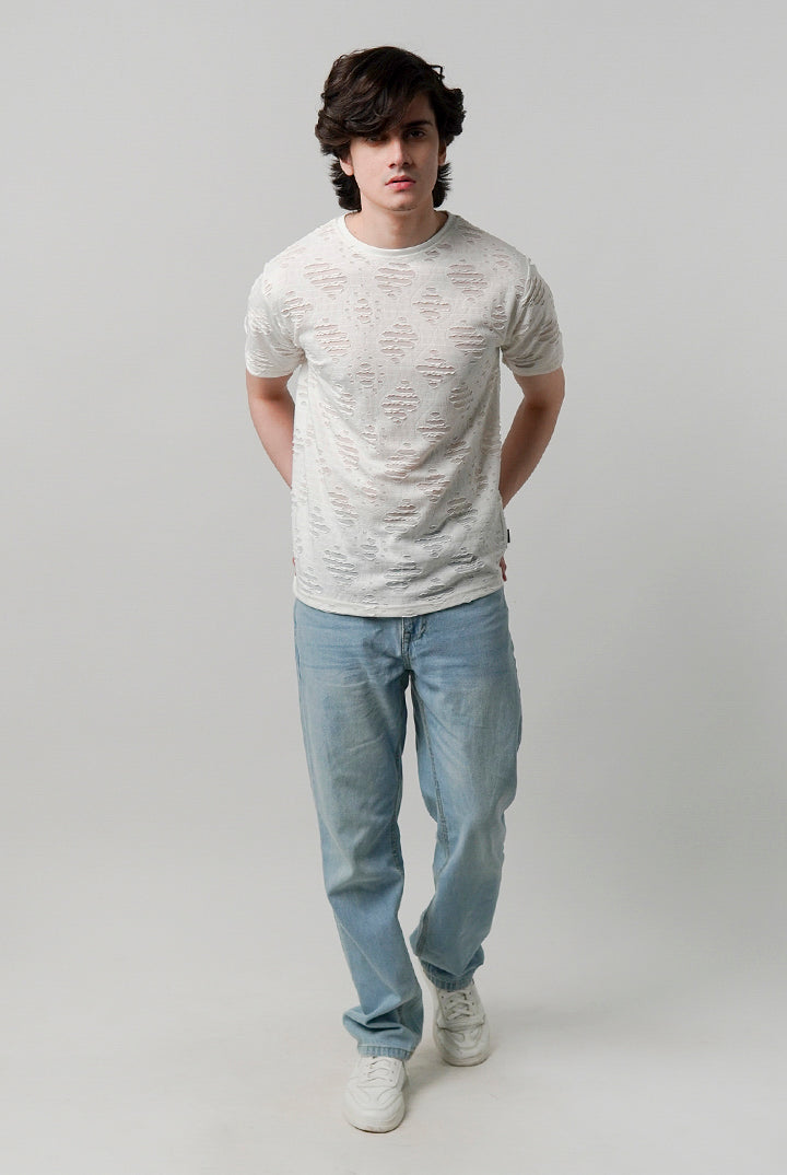 Ribbed Jacquard T-Shirt - White - Mendeez
