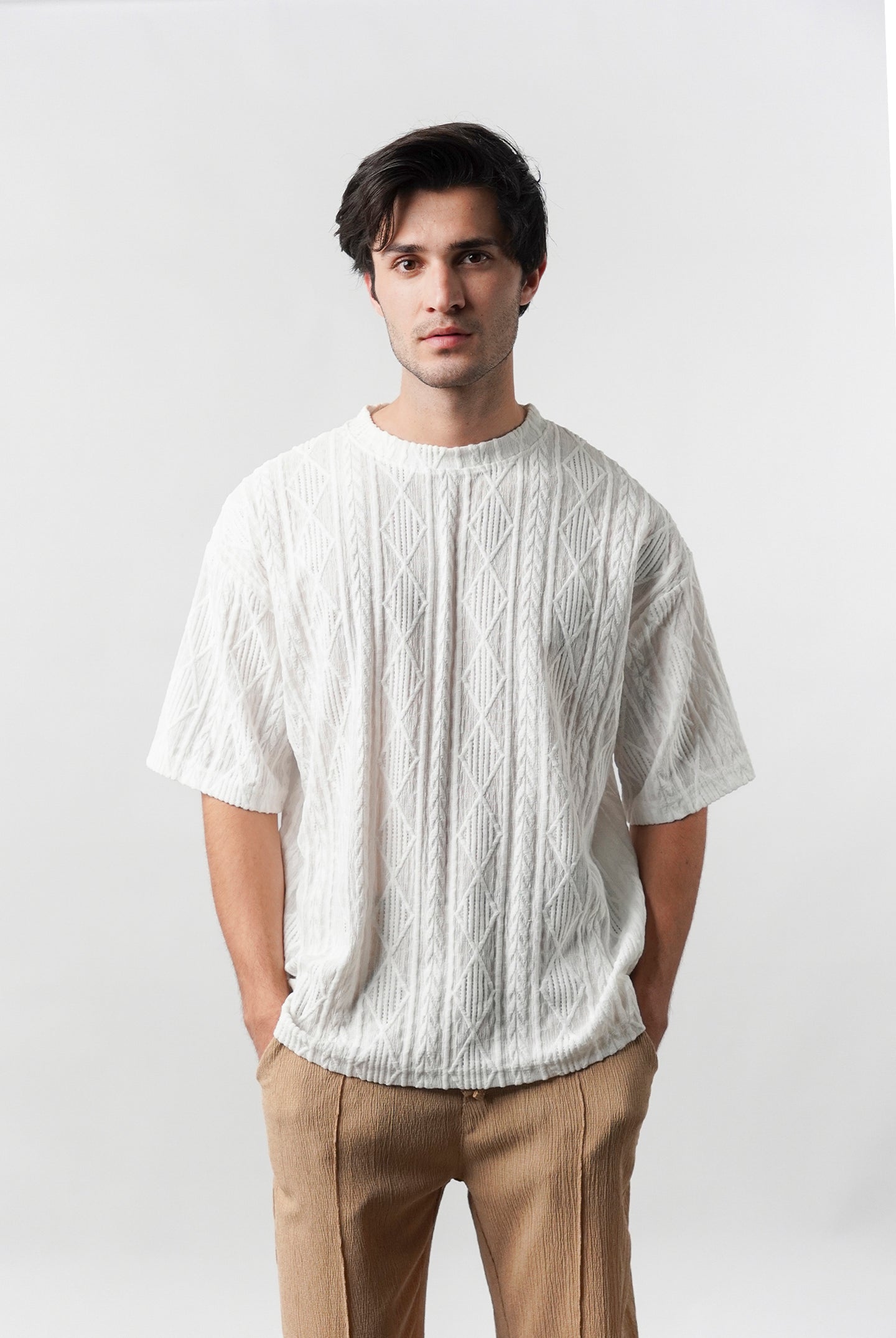 Textured Oversized T-Shirt - White - Mendeez