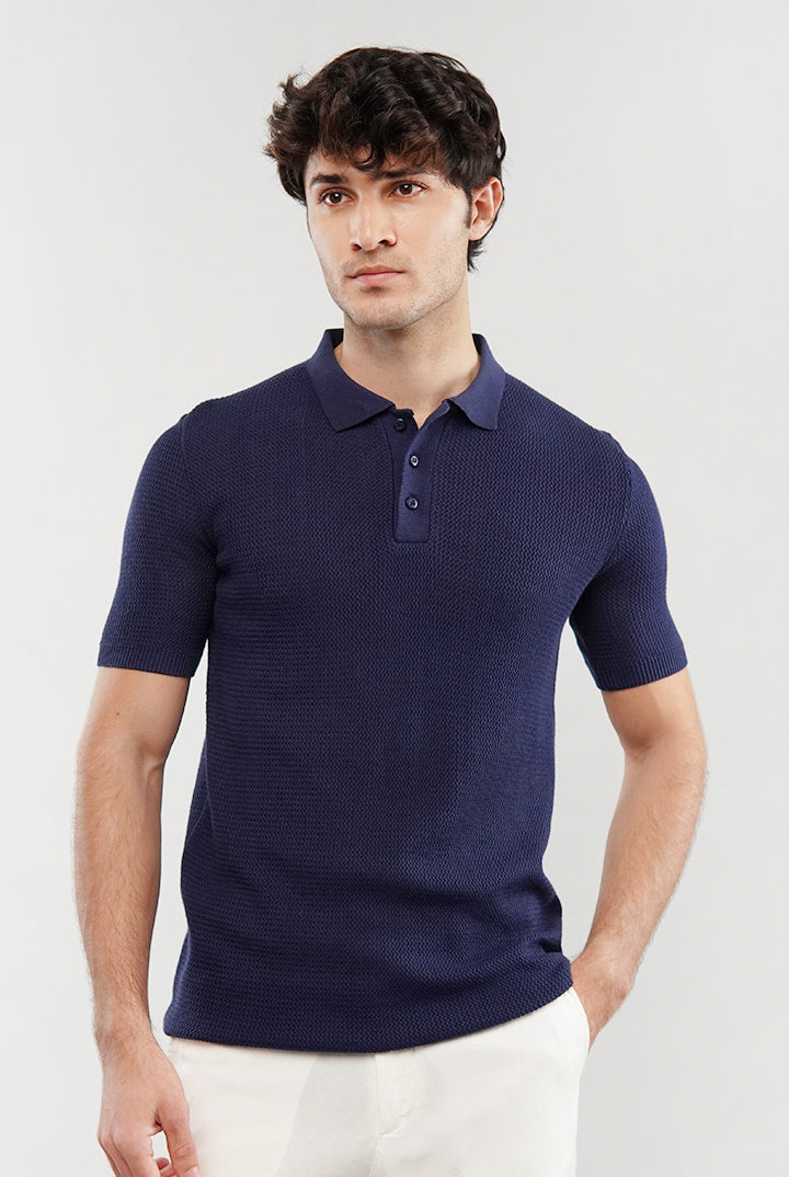 Knitted Polo Shirt - Navy Blue - Mendeez