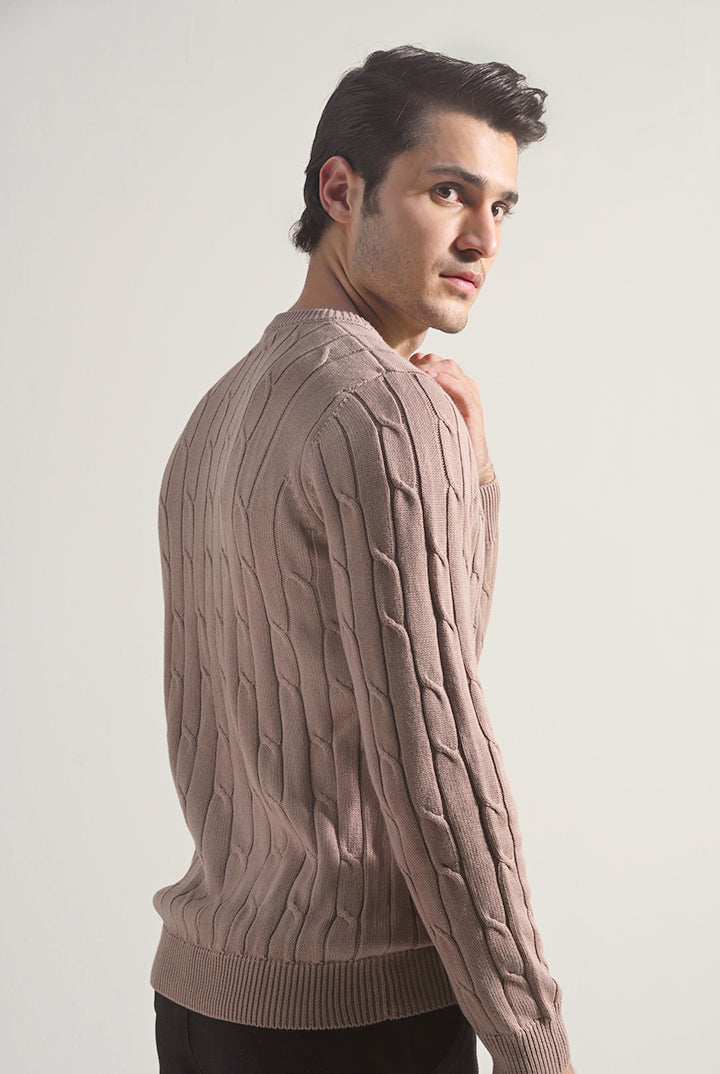 Cable Knit Sweater - Sand Brown - Mendeez