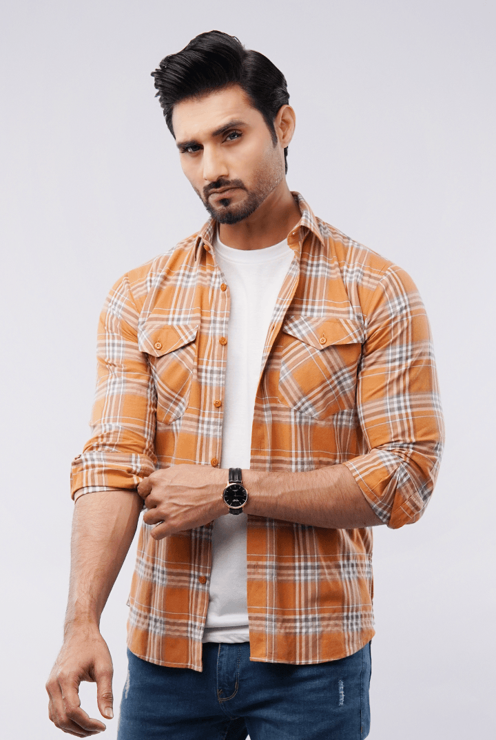 Checkered Button Down Shirt - Orange & White - Mendeez PK