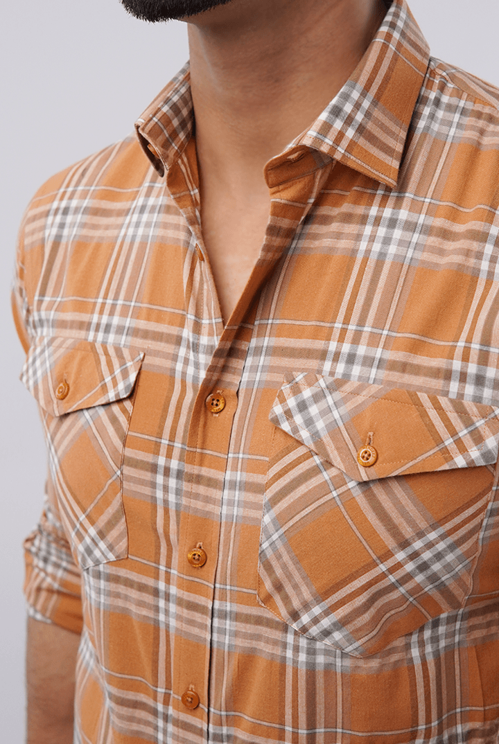 Checkered Button Down Shirt - Orange & White - Mendeez PK