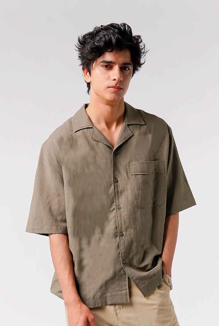 Box Fit Cuban Shirt - Olive Green - Mendeez