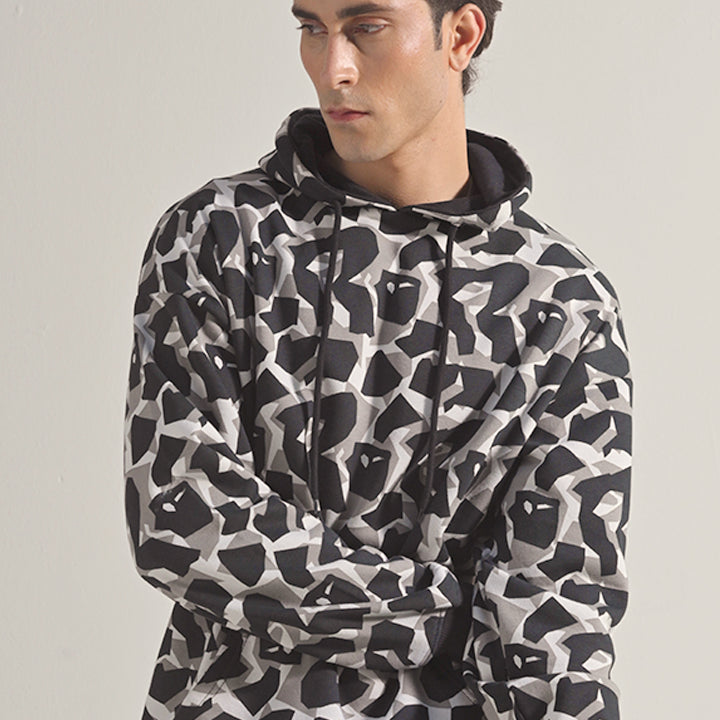 Printed Pullover Hoodie - Black & White - Mendeez