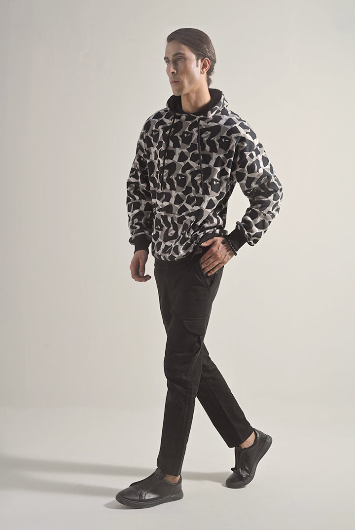 Printed Pullover Hoodie - Black & White - Mendeez