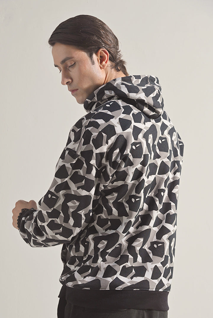 Printed Pullover Hoodie - Black & White - Mendeez