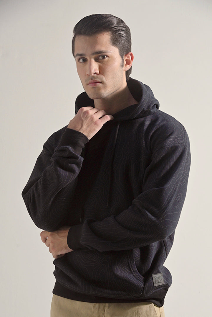 Printed Pullover Hoodie - Black - Mendeez