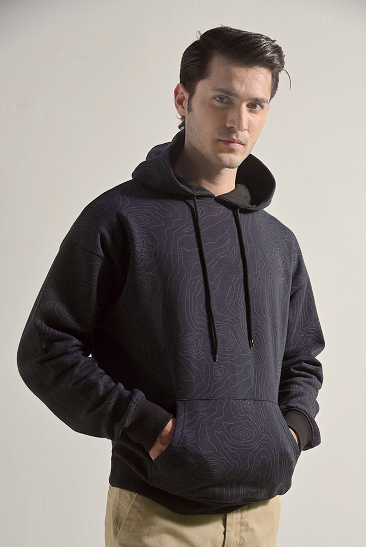 Printed Pullover Hoodie - Black - Mendeez