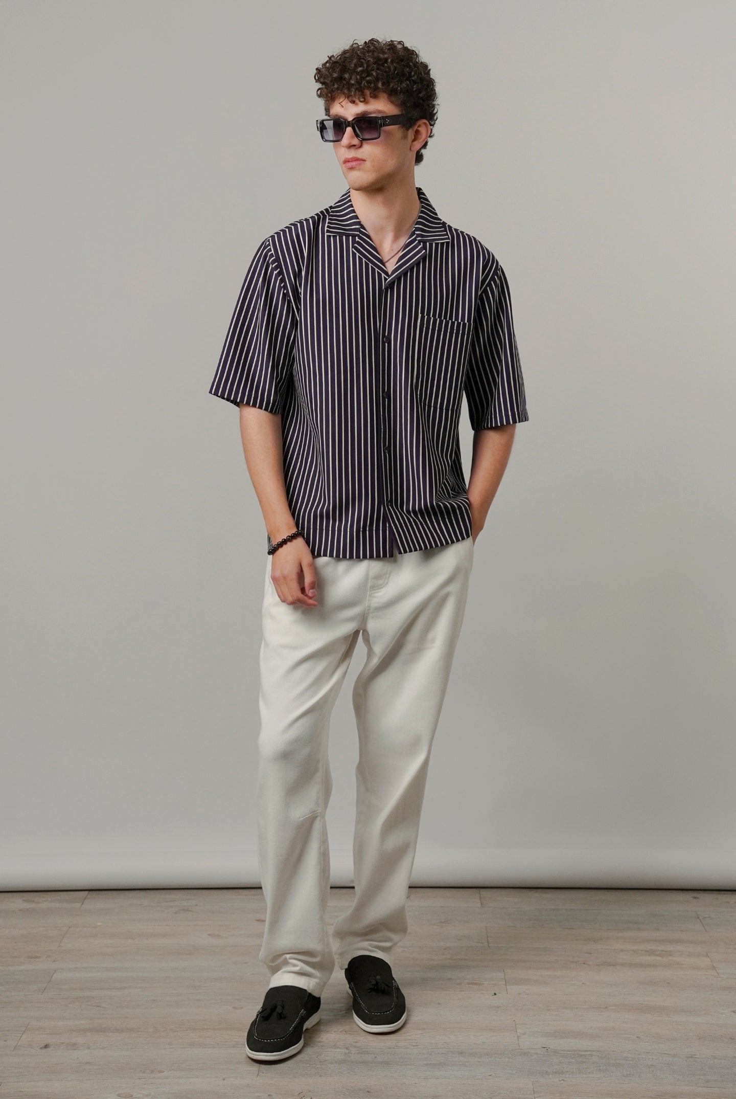 Striped Box Cuban Shirt - Navy Blue - Mendeez