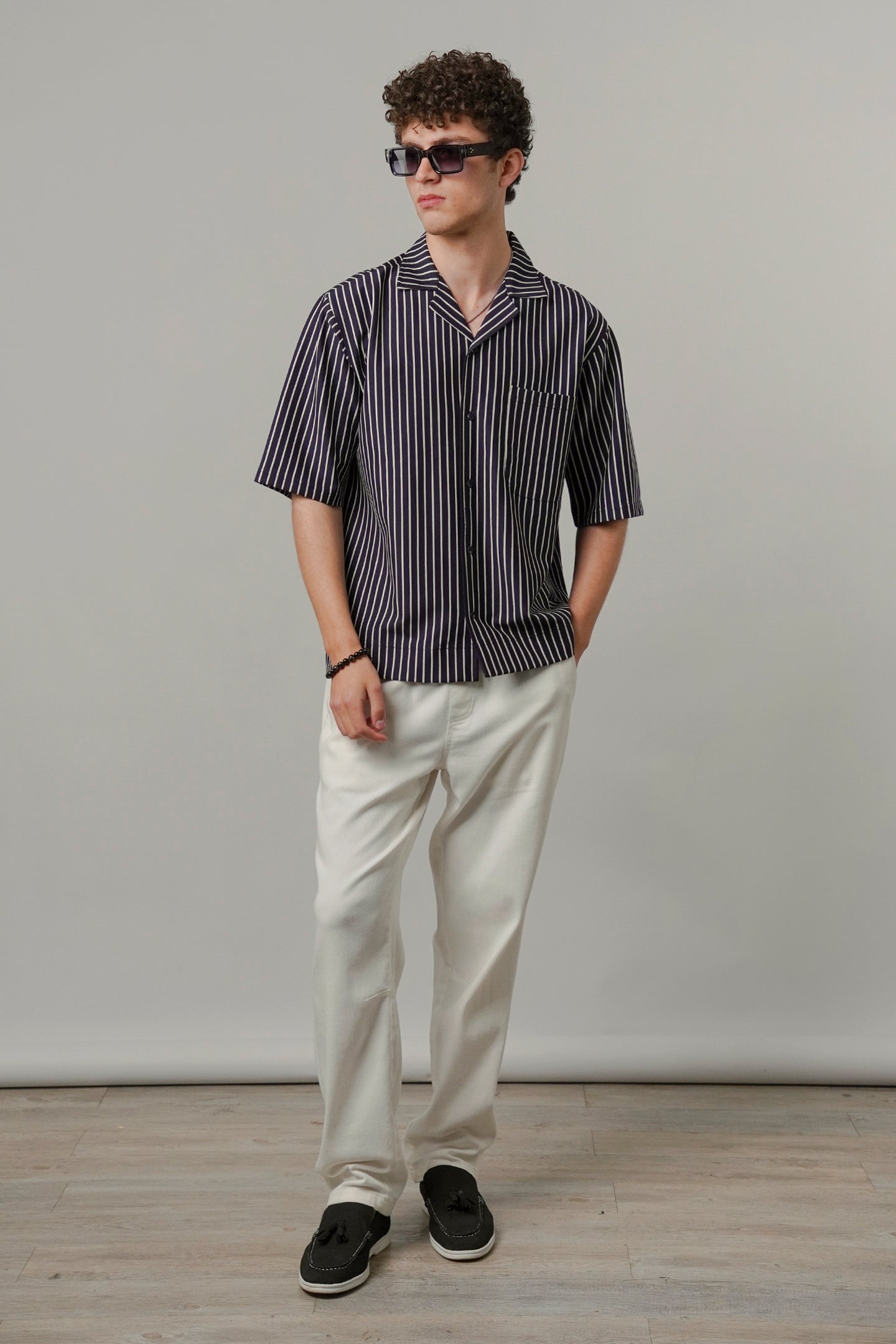 Striped Box Cuban Shirt - Navy Blue - Mendeez