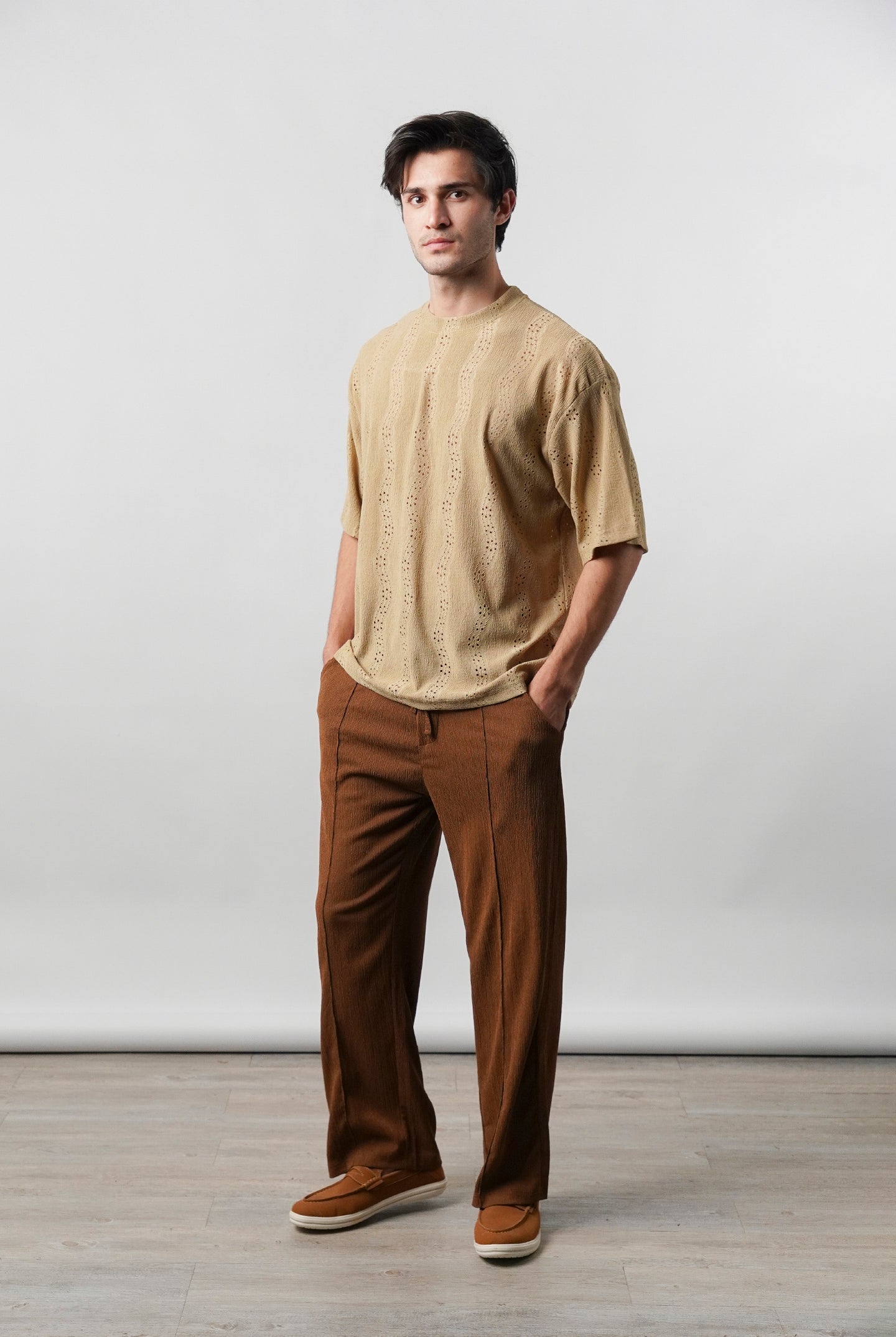 Textured Oversized T-Shirt - Sand Brown - Mendeez