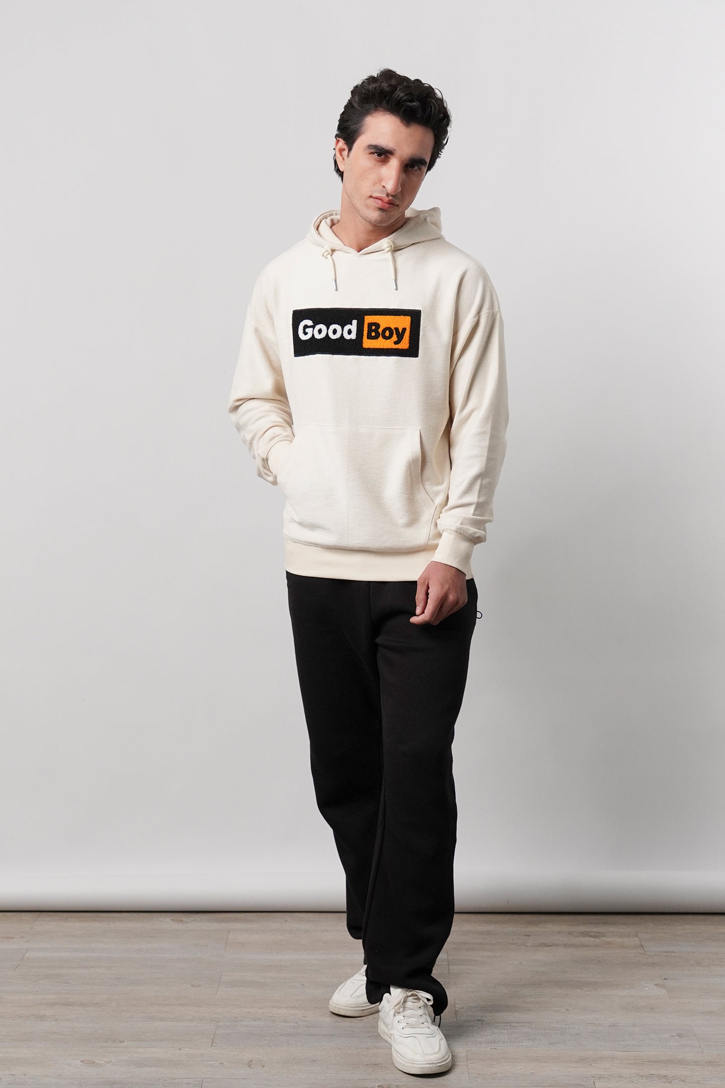 Pullover Embroidered Hoodie - Cream - Mendeez