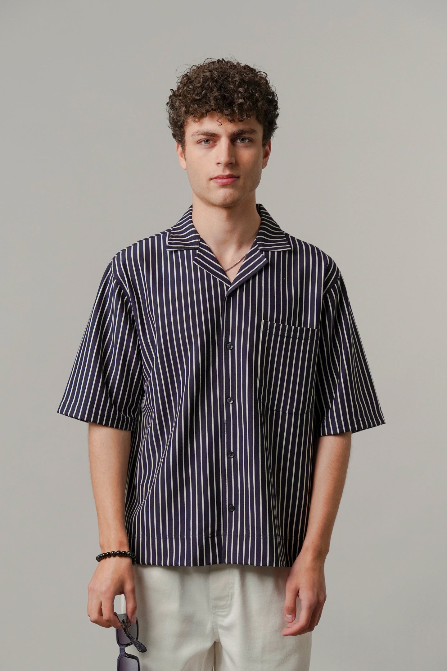 Striped Box Cuban Shirt - Navy Blue - Mendeez