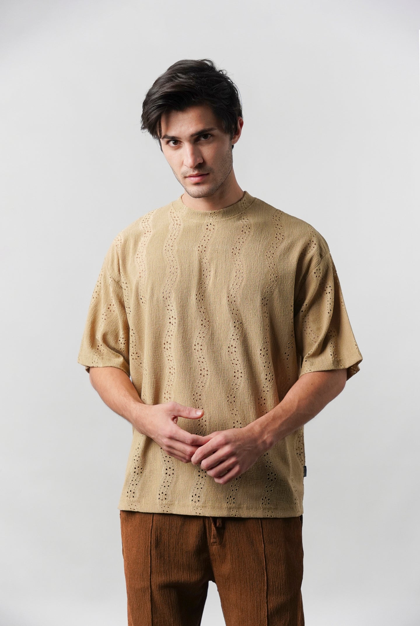 Textured Oversized T-Shirt - Sand Brown - Mendeez