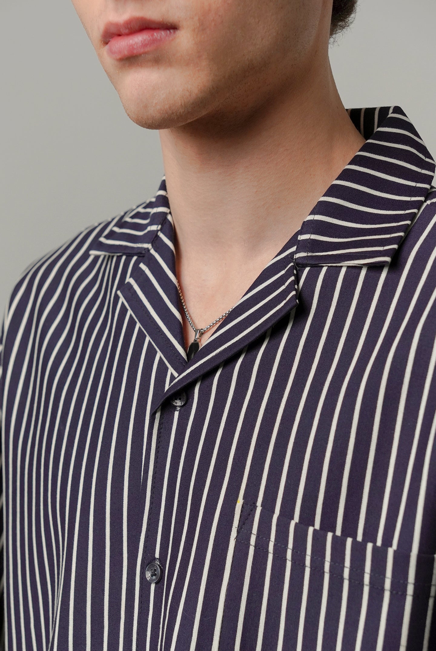 Striped Box Cuban Shirt - Navy Blue - Mendeez