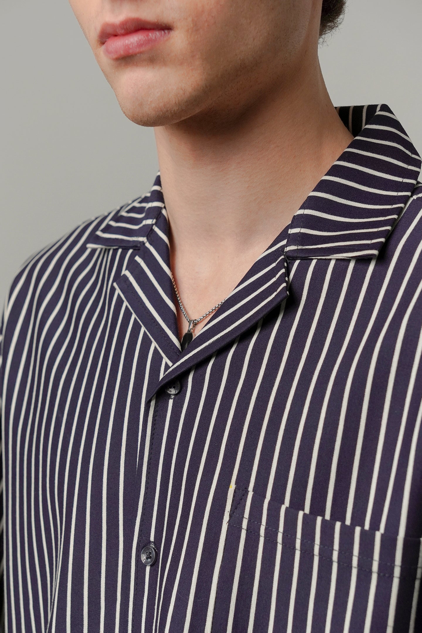 Striped Box Cuban Shirt - Navy Blue - Mendeez
