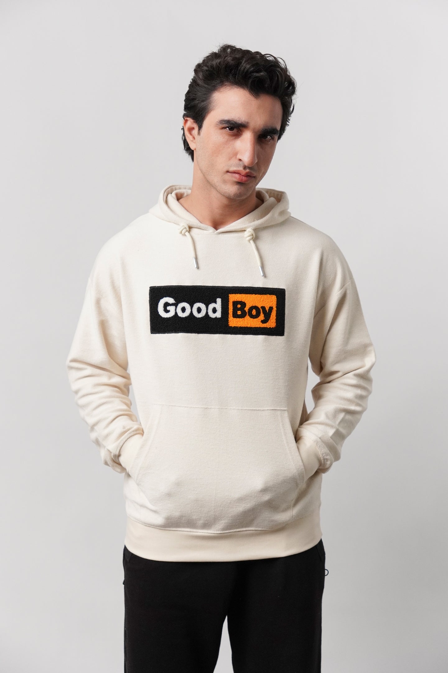 Pullover Embroidered Hoodie - Cream - Mendeez