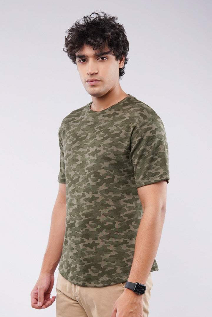 Curved Hem Camouflage T-Shirt - Green - Mendeez