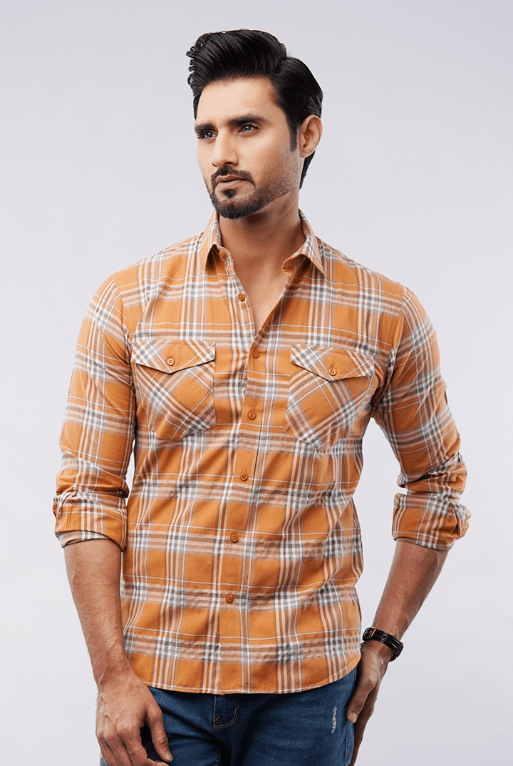 Checkered Button Down Shirt - Orange & White - Mendeez PK