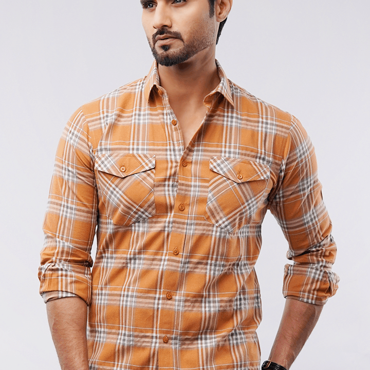 Checkered Button Down Shirt - Orange & White - Mendeez PK
