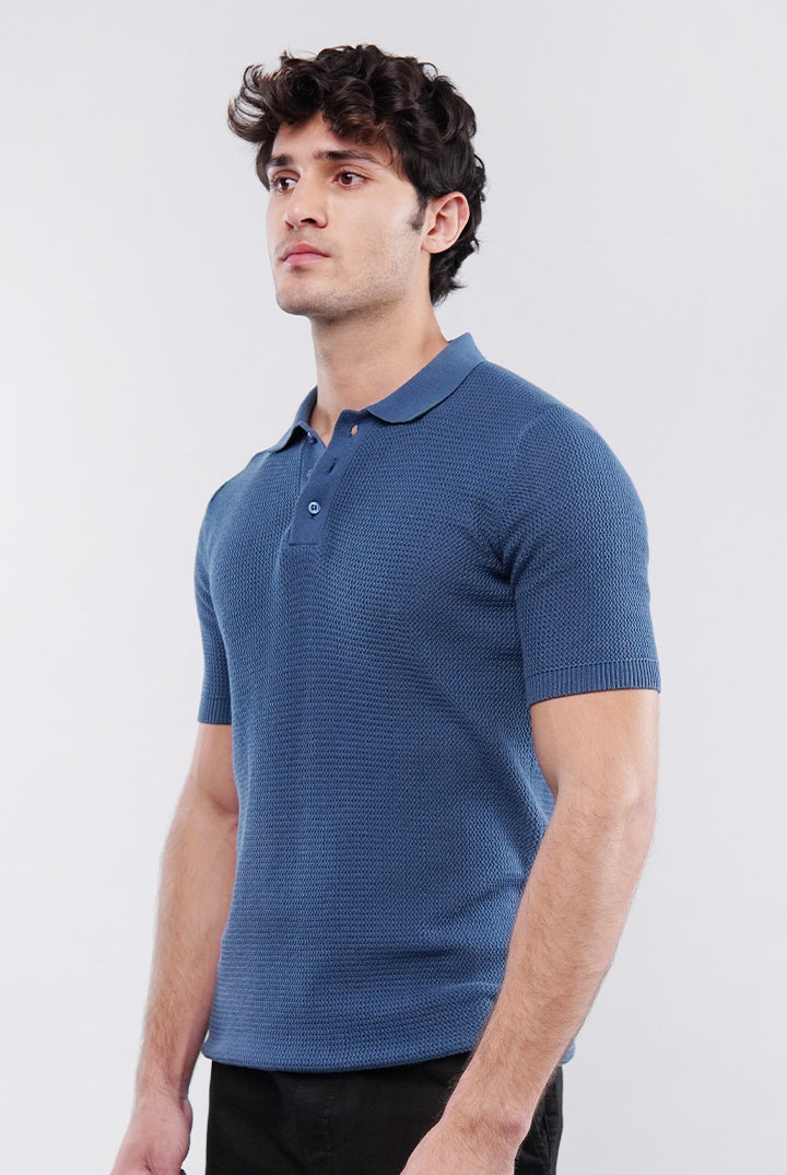 Knitted Polo Shirt - Teal Blue - Mendeez