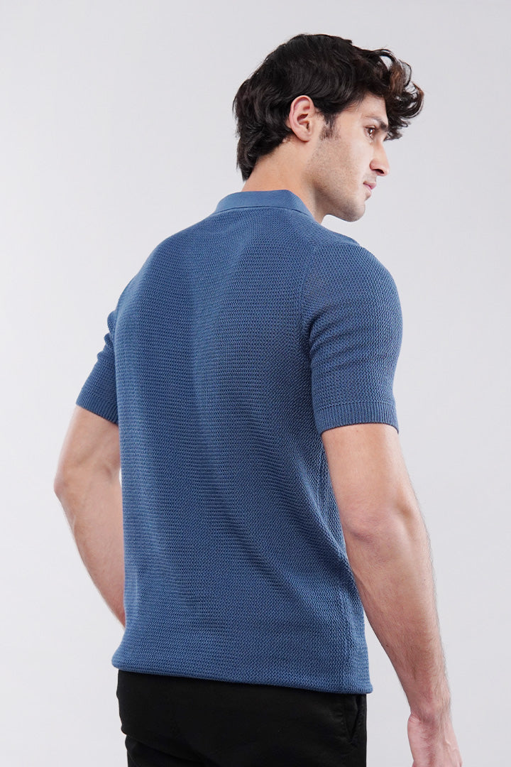 Knitted Polo Shirt - Teal Blue - Mendeez