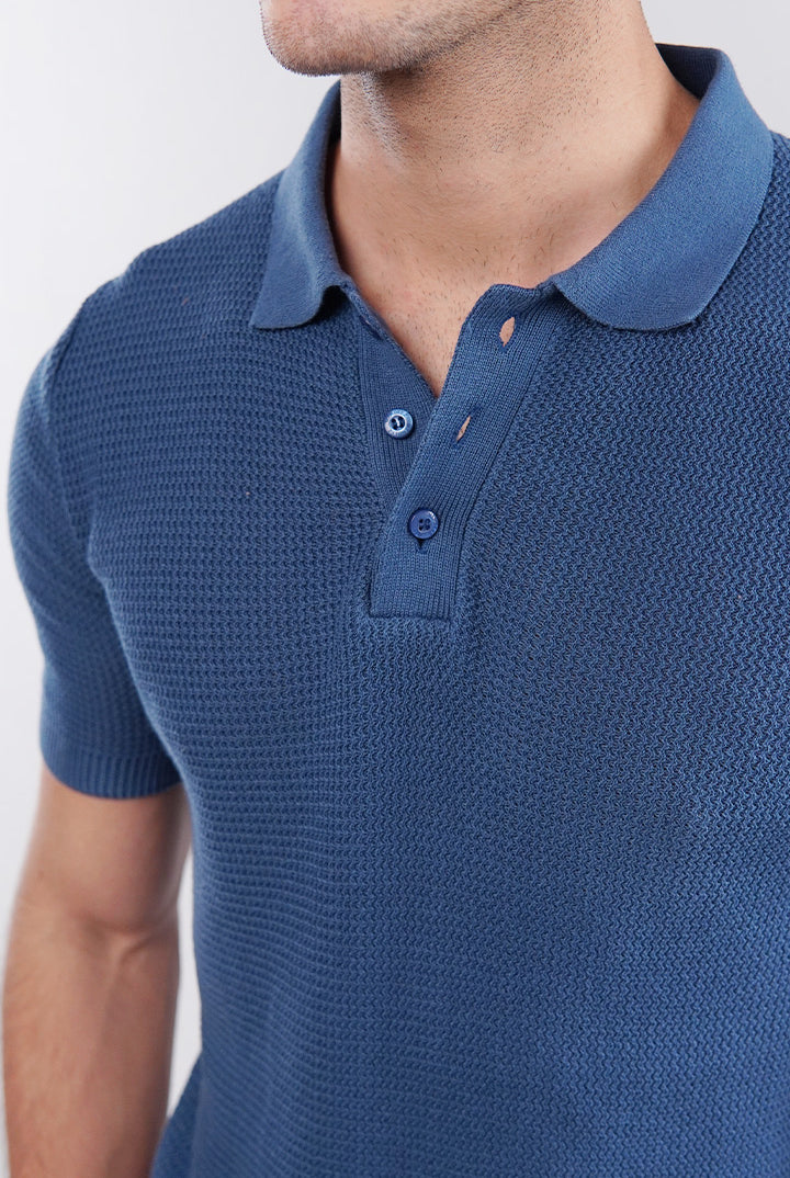 Knitted Polo Shirt - Teal Blue - Mendeez