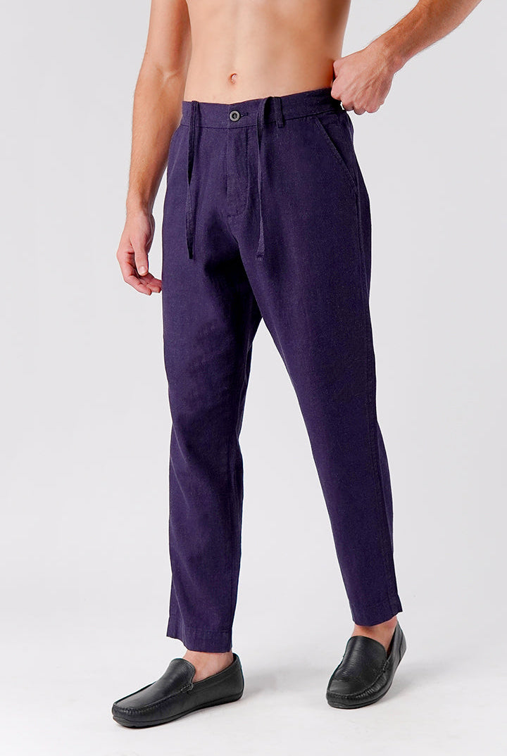 Straight Fit Linen Pants - Navy Blue - Mendeez