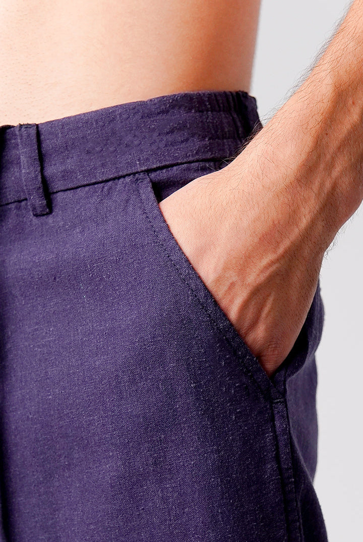 Straight Fit Linen Pants - Navy Blue - Mendeez