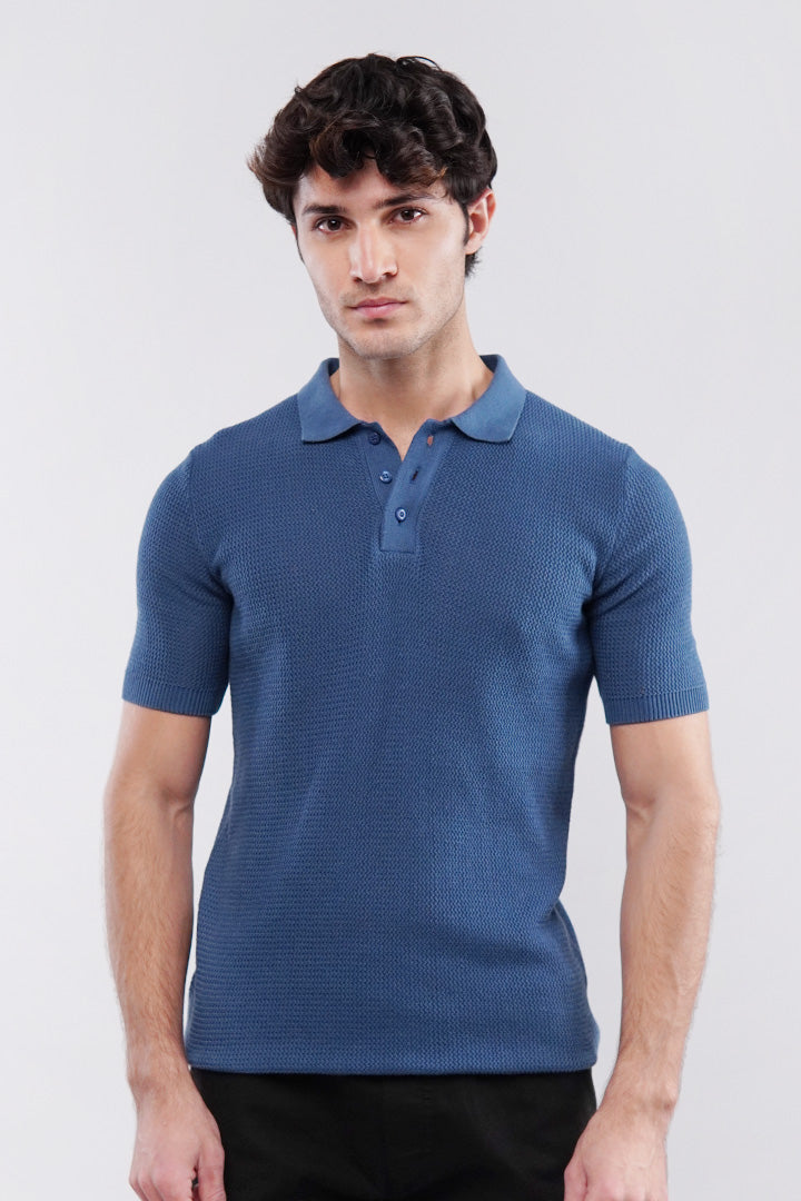 Knitted Polo Shirt - Teal Blue - Mendeez