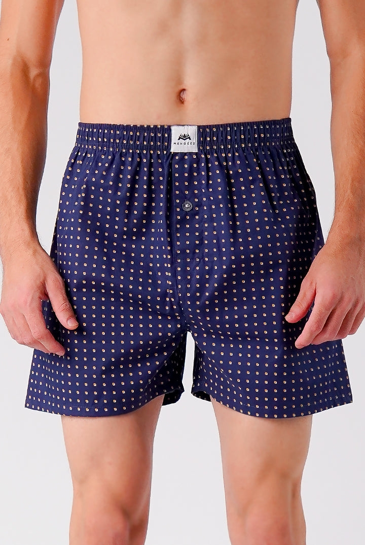 Printed Woven Boxer Shorts - Navy Blue - Mendeez