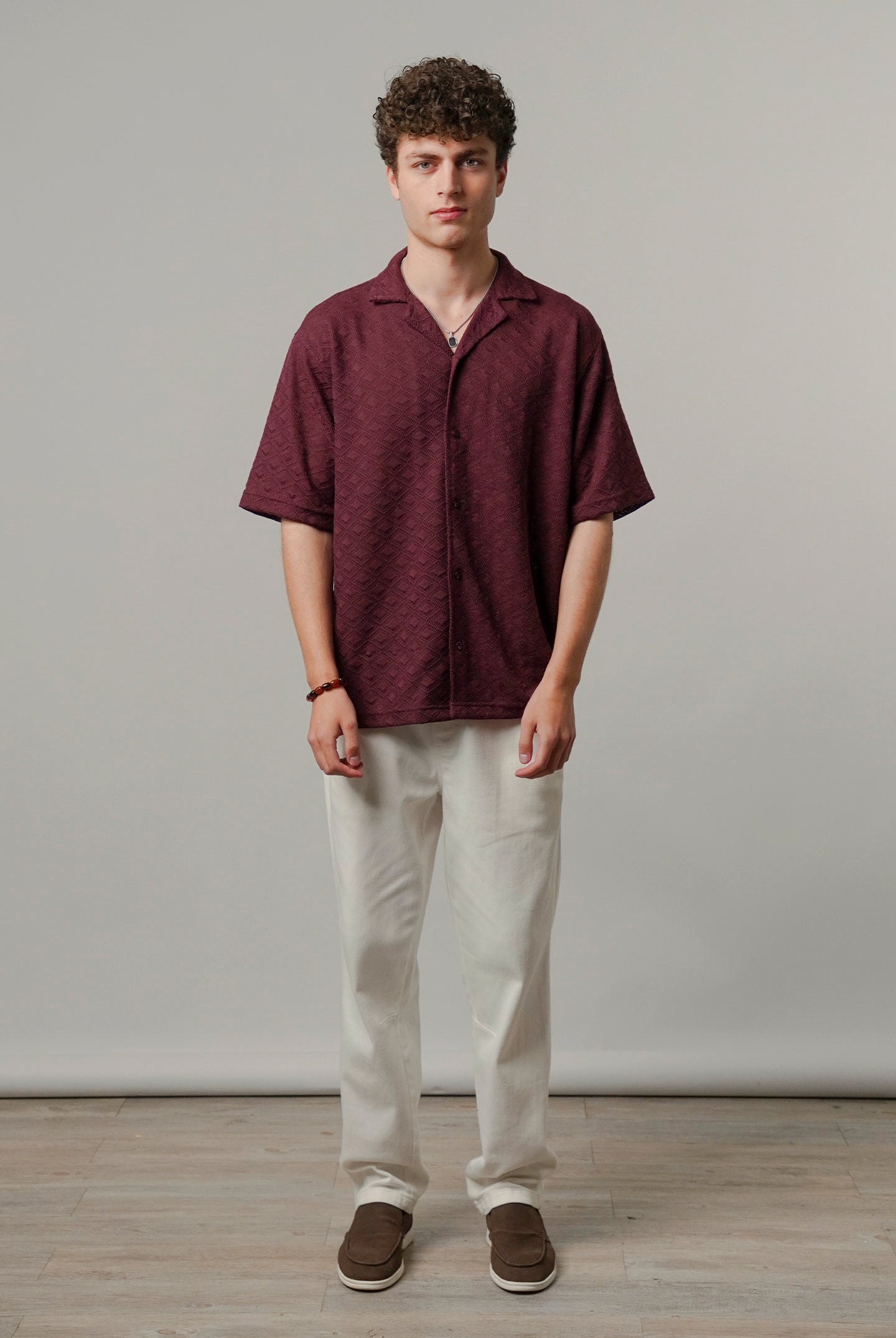 Textured Cuban Shirt - Maroon - Mendeez