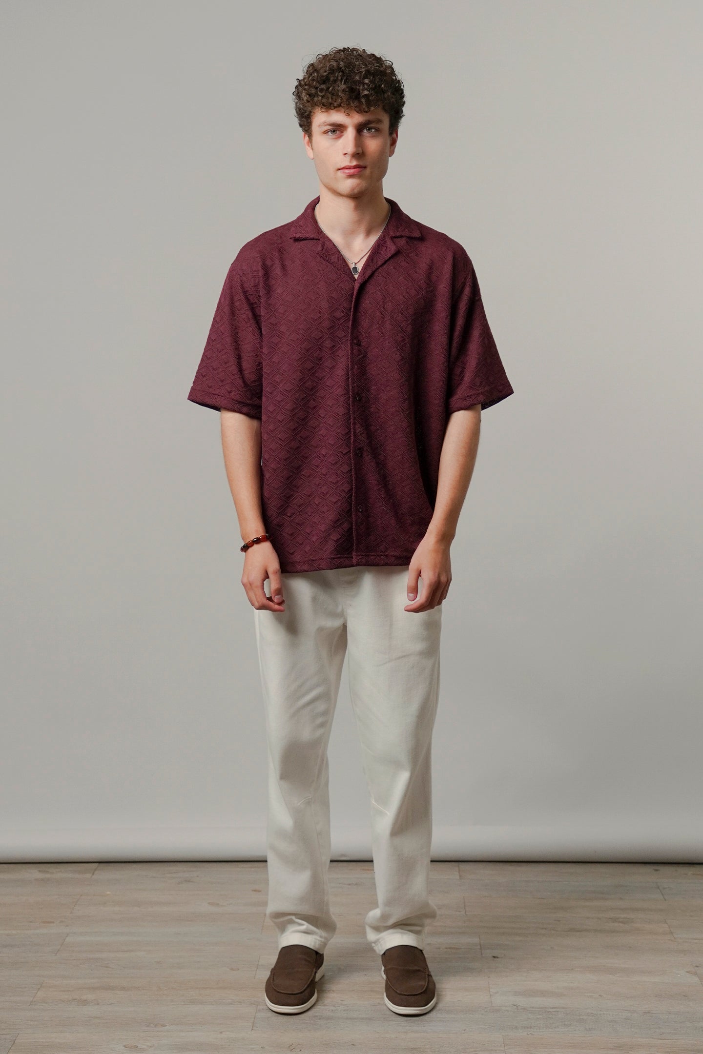 Textured Cuban Shirt - Maroon - Mendeez