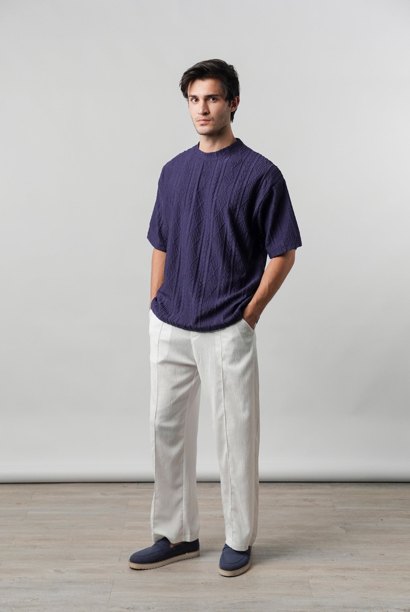 Textured Oversized T-Shirt - Navy Blue - Mendeez