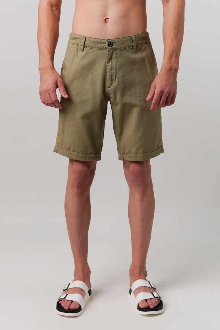 Linen Blend Shorts - Olive Green - Mendeez