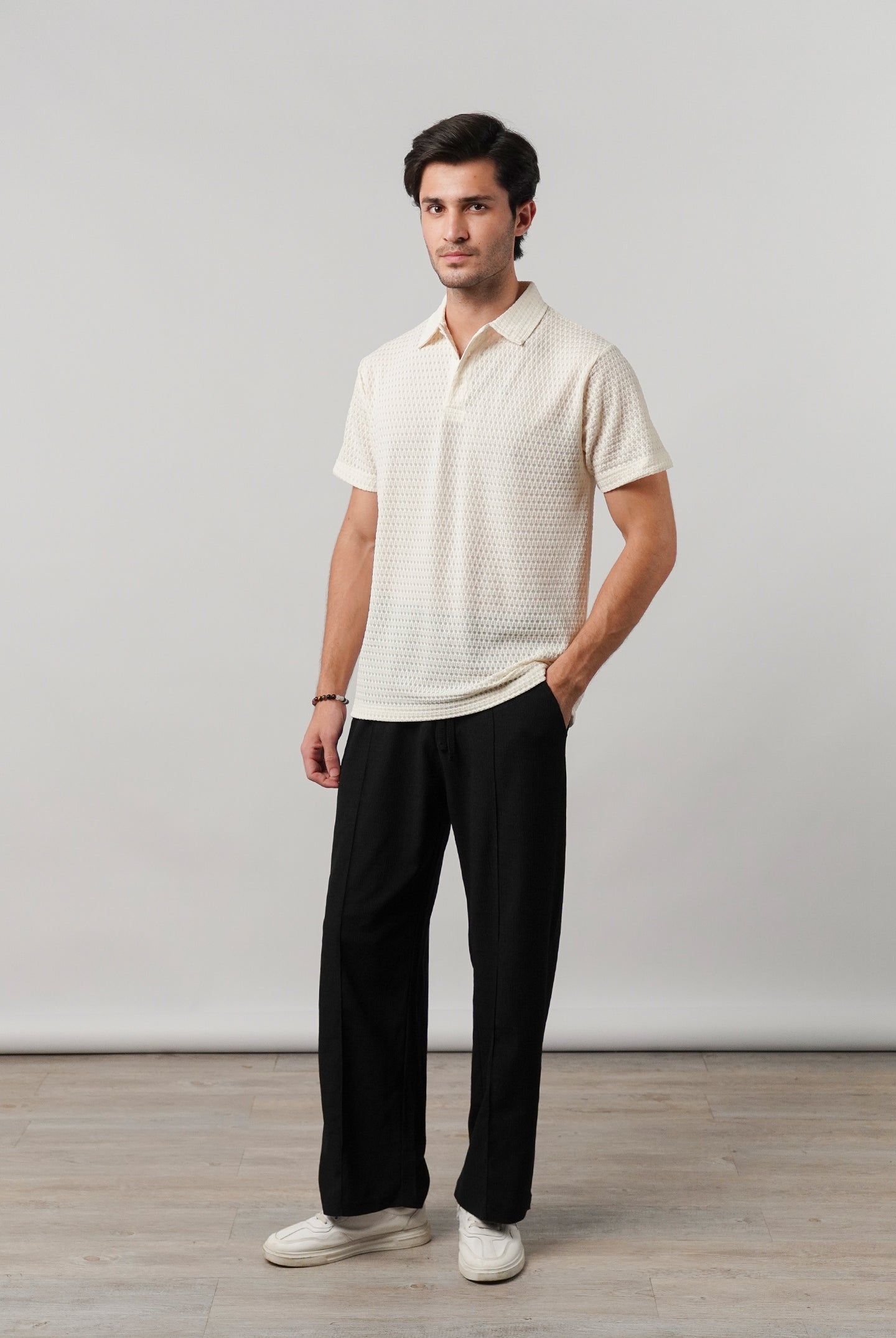 Knitted Polo Shirt - Cream - Mendeez