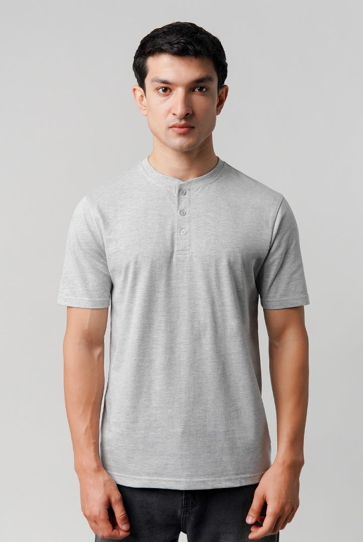 Regular Fit Henley T-Shirt - Heather Grey - Mendeez