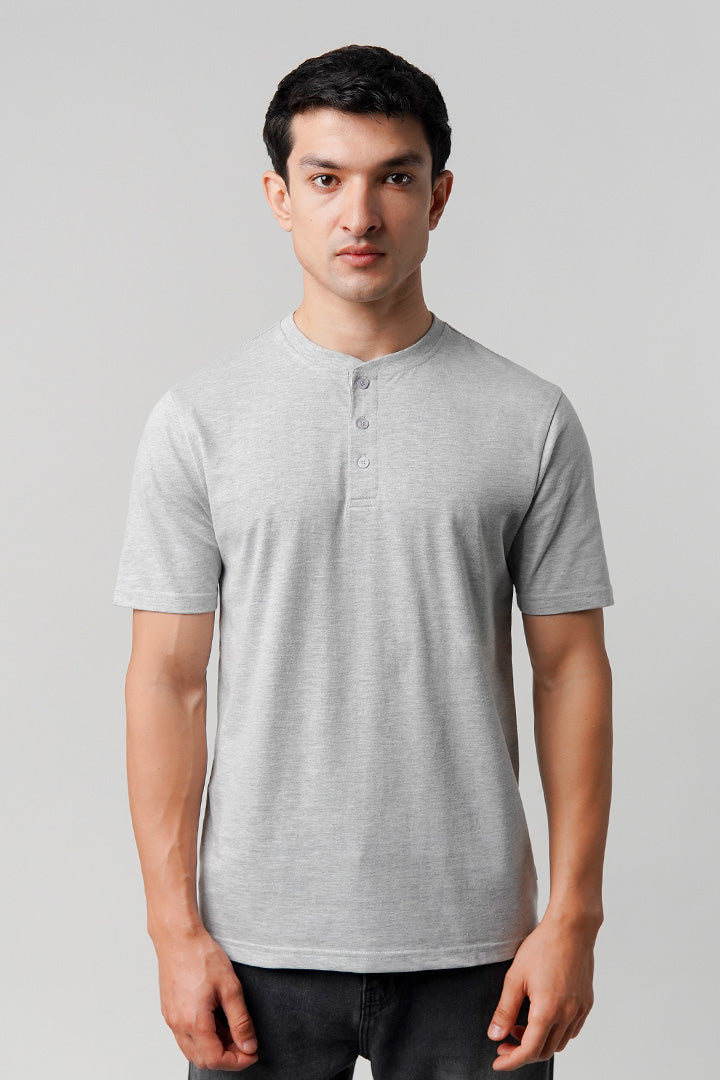 Regular Fit Henley T-Shirt - Heather Grey - Mendeez