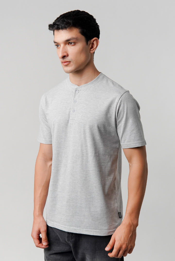 Regular Fit Henley T-Shirt - Heather Grey - Mendeez