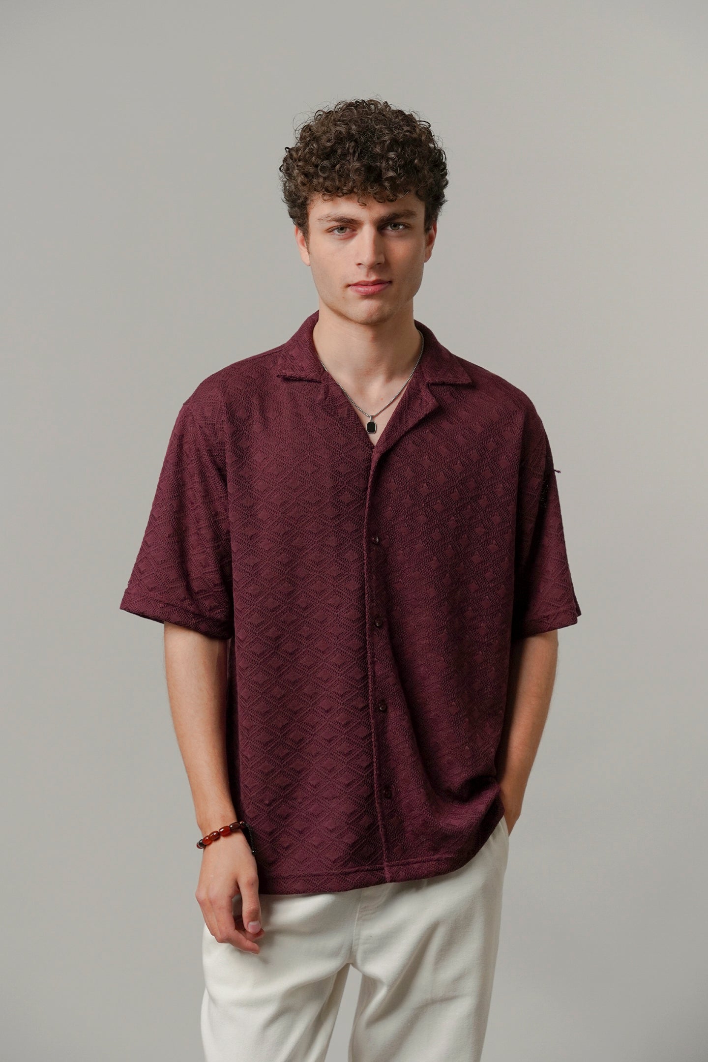 Textured Cuban Shirt - Maroon - Mendeez