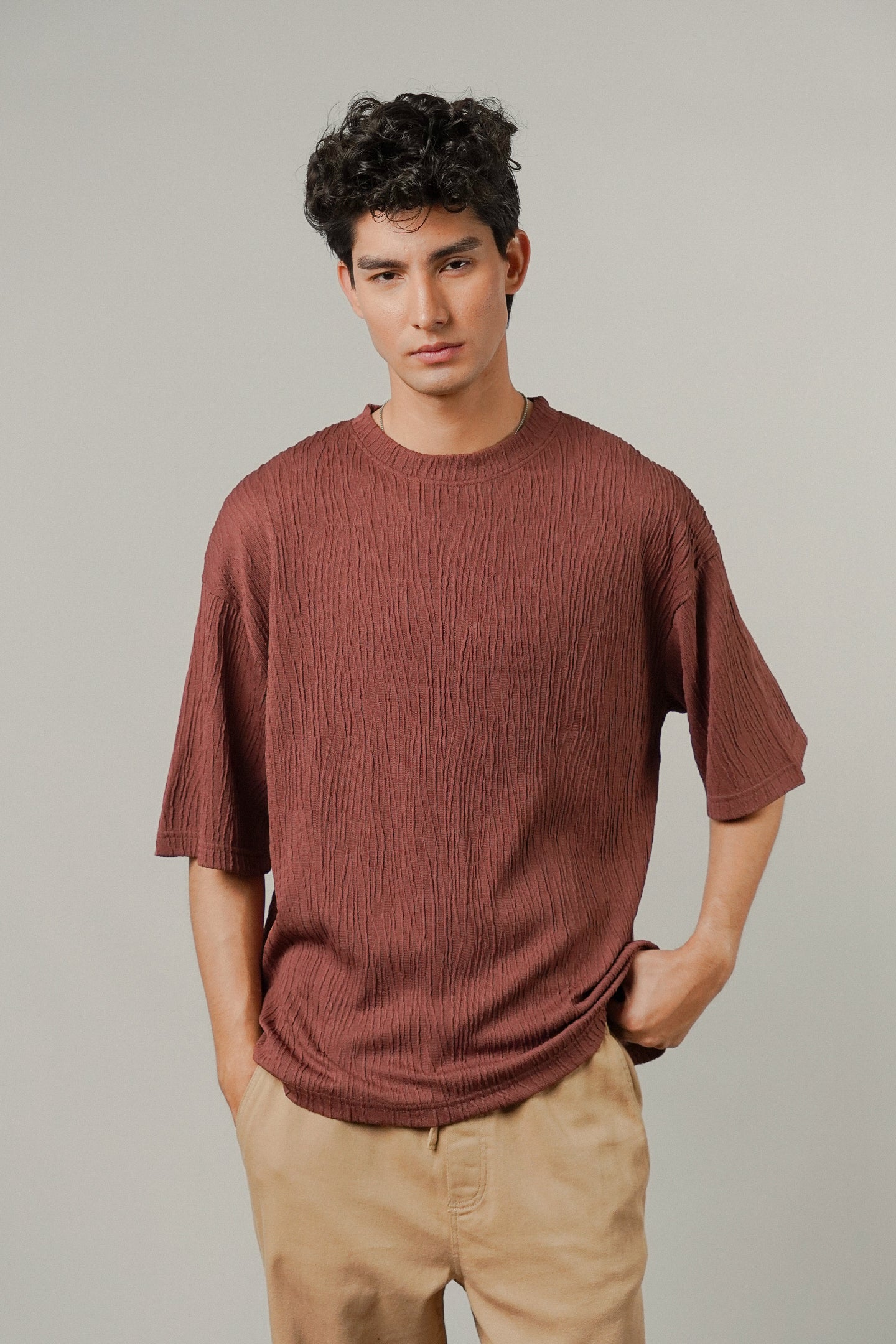 Oversized Textured Tee - Wine - Mendeez