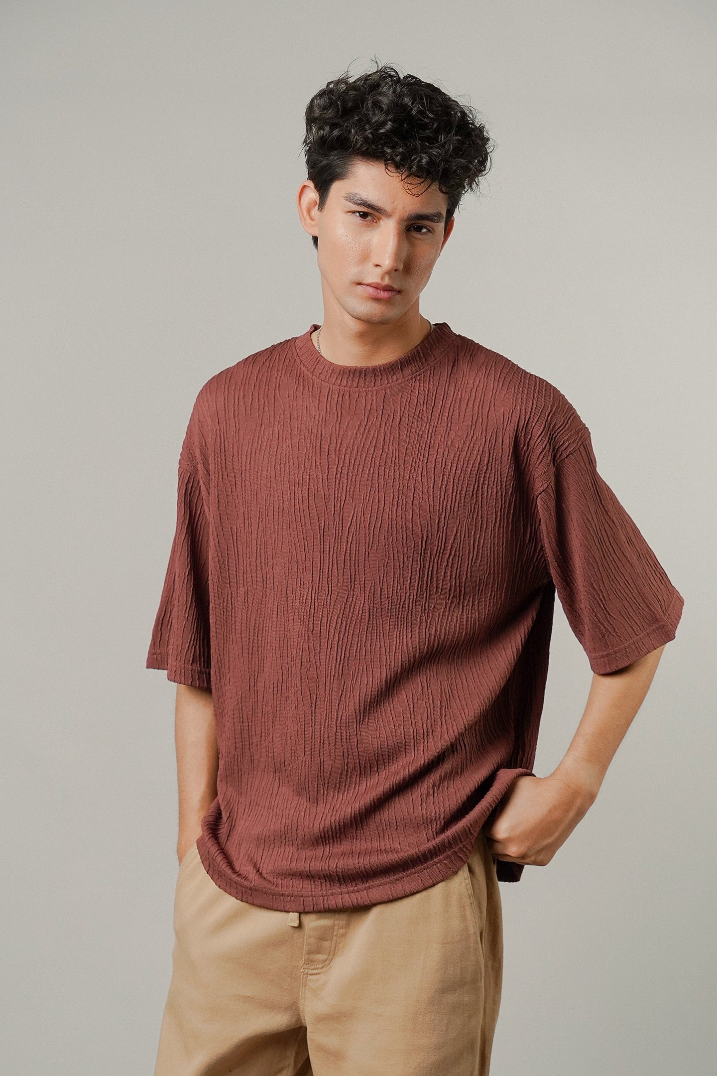 Oversized Textured Tee - Wine - FA - Mendeez
