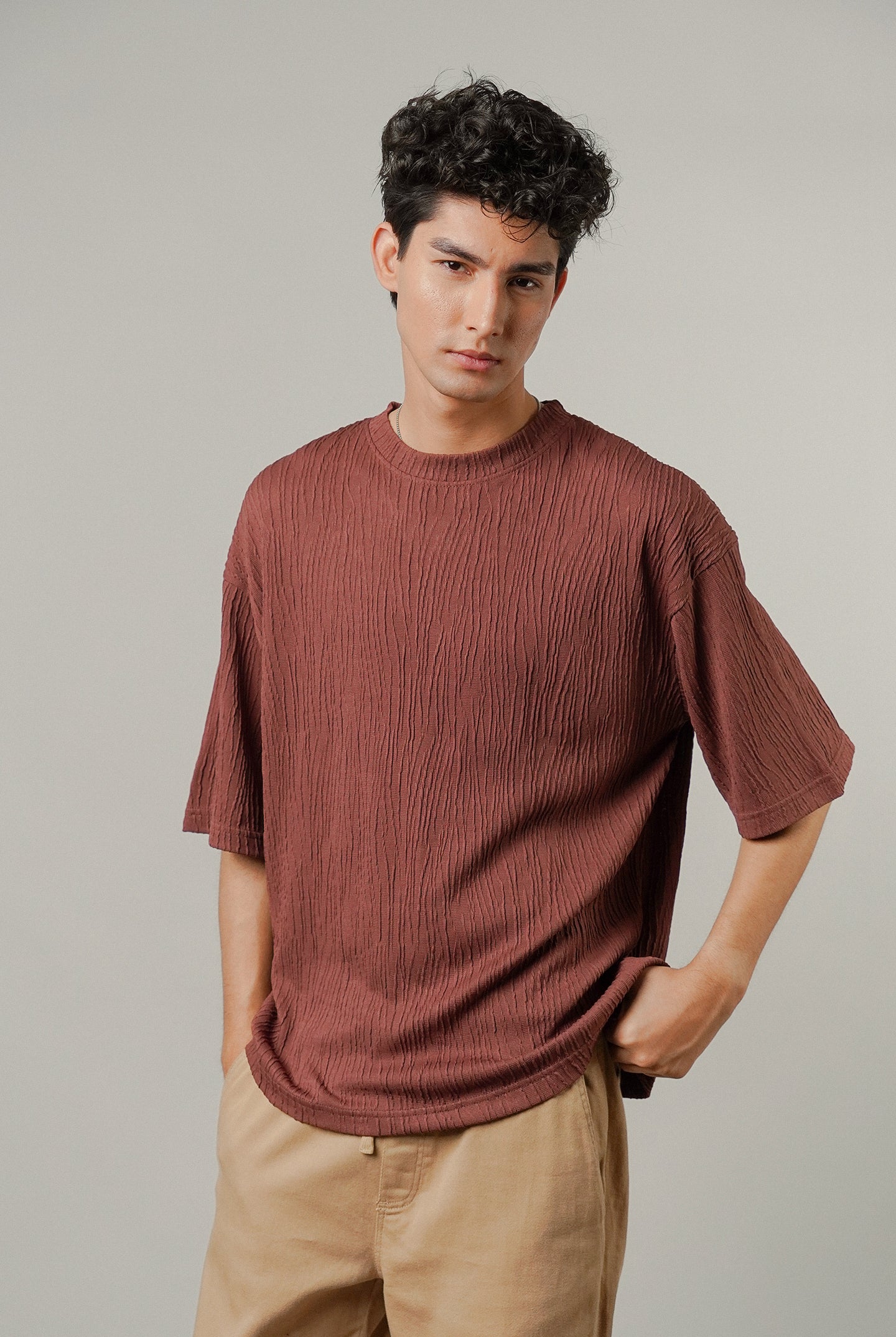 Oversized Textured Tee - Wine - Mendeez