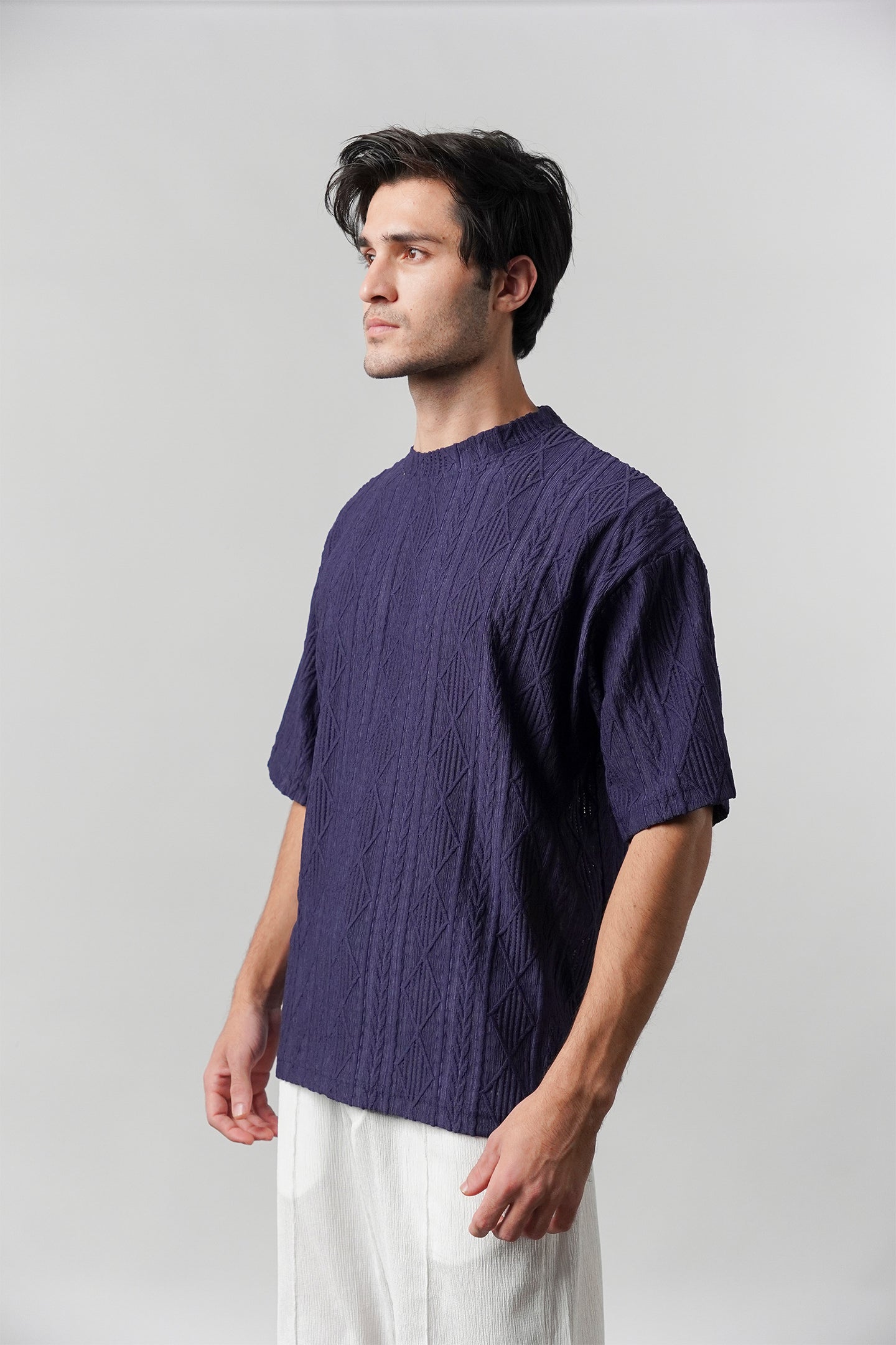 Textured Oversized T-Shirt - Navy Blue - Mendeez