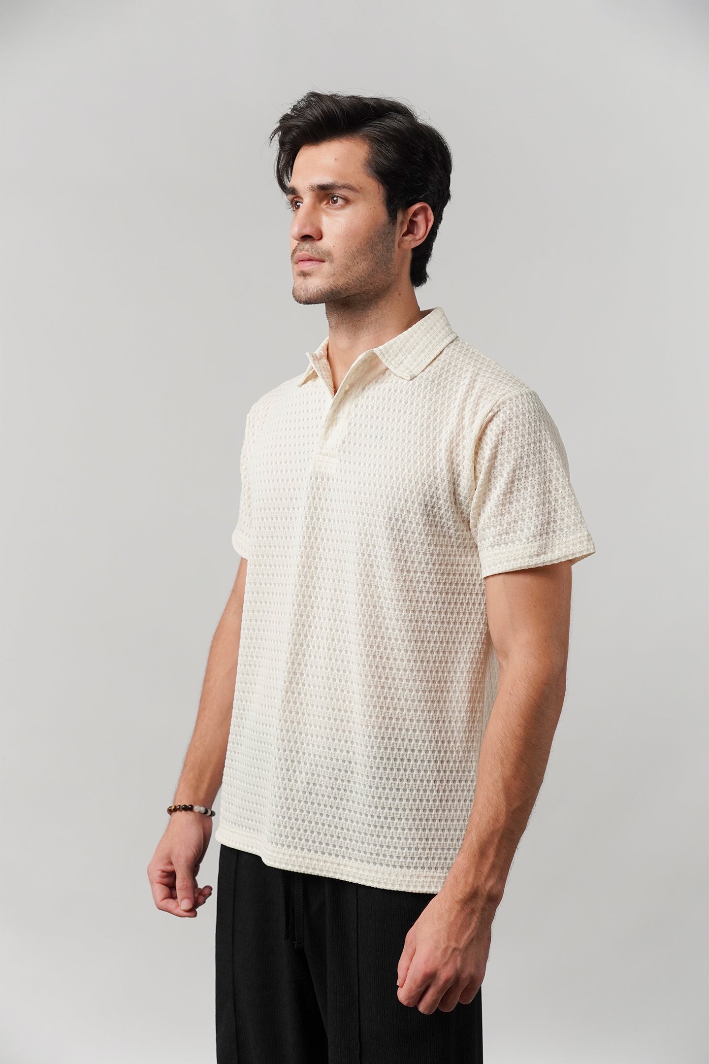 Knitted Polo Shirt - Cream - Mendeez