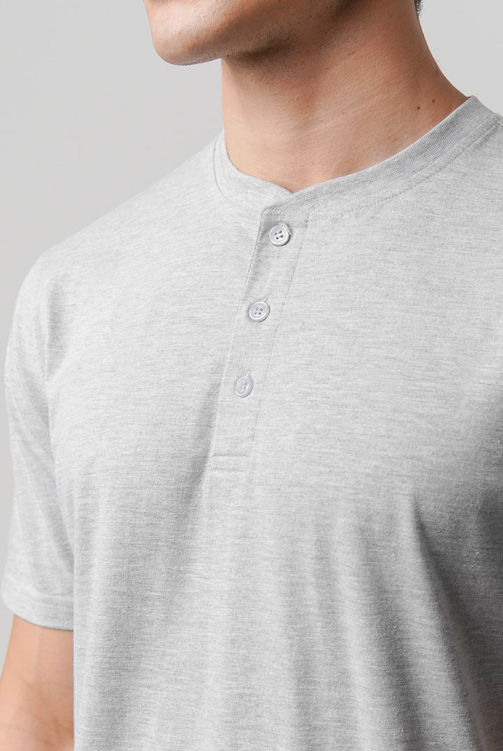 Regular Fit Henley T-Shirt - Heather Grey - Mendeez