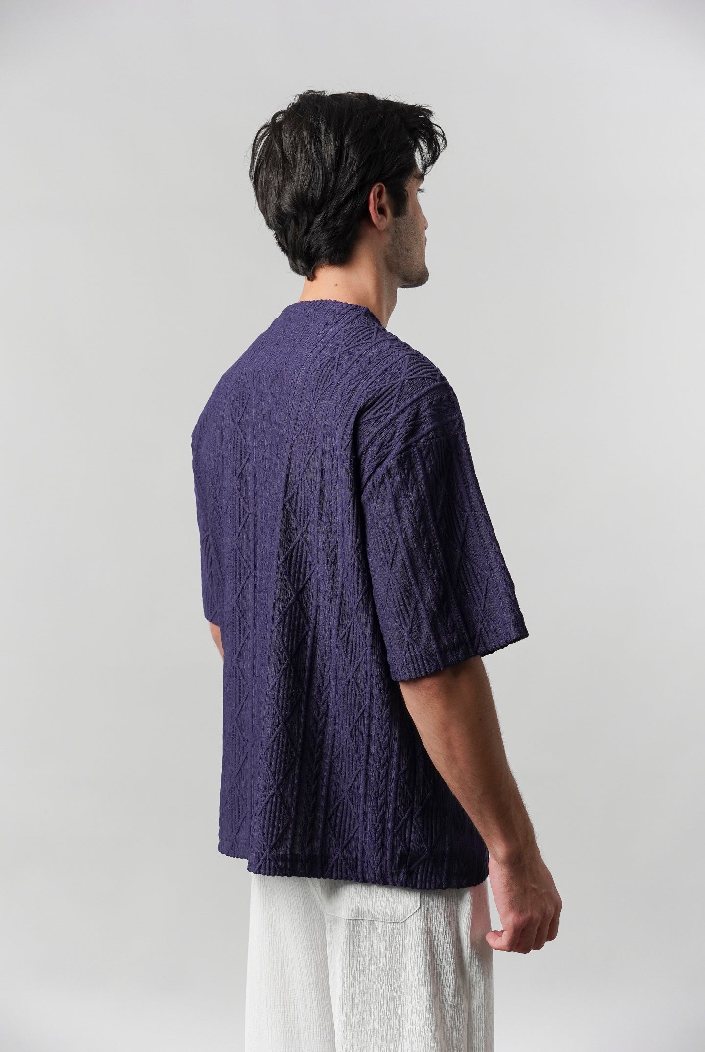 Textured Oversized T-Shirt - Navy Blue - Mendeez