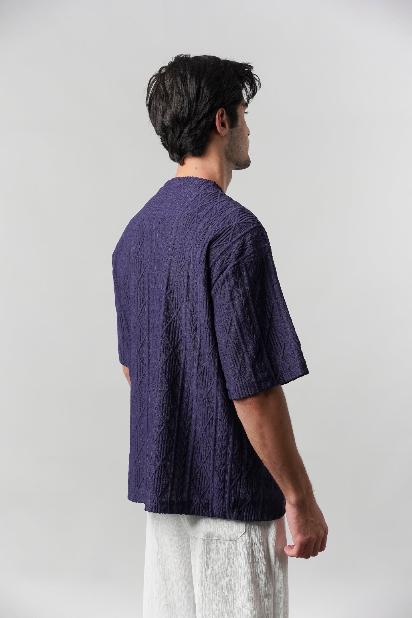 Textured Oversized T-Shirt - Navy Blue - Mendeez