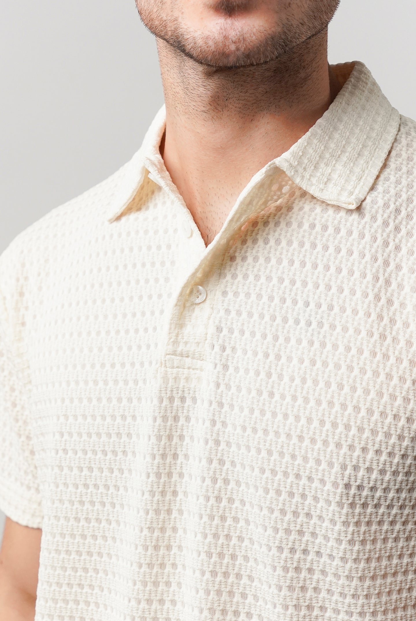 Knitted Polo Shirt - Cream - Mendeez
