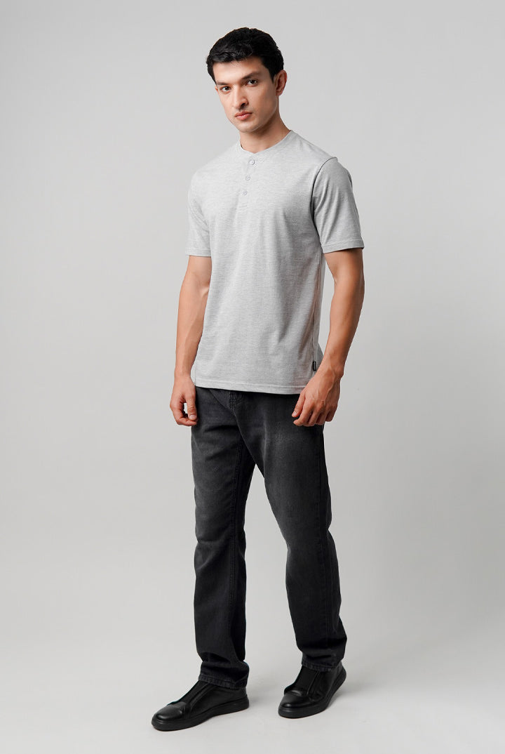 Regular Fit Henley T-Shirt - Heather Grey - Mendeez
